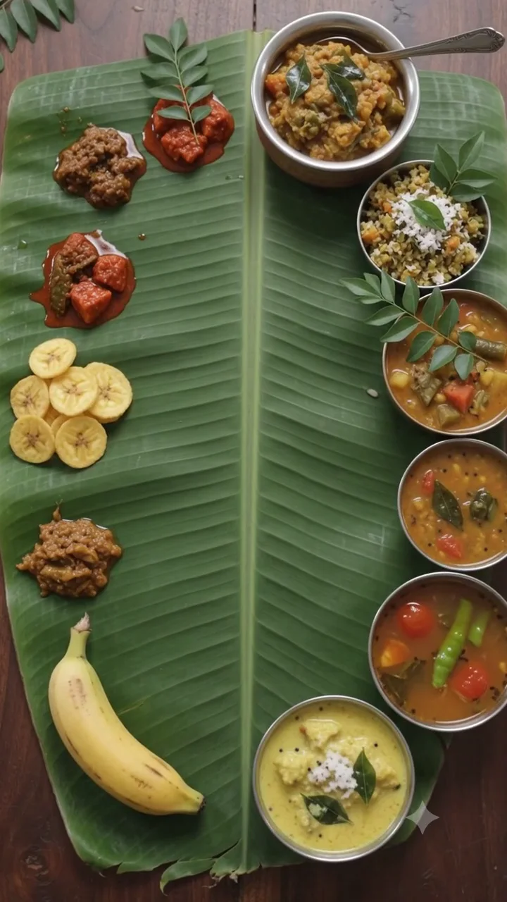 Top-down view of a Kerala sadya