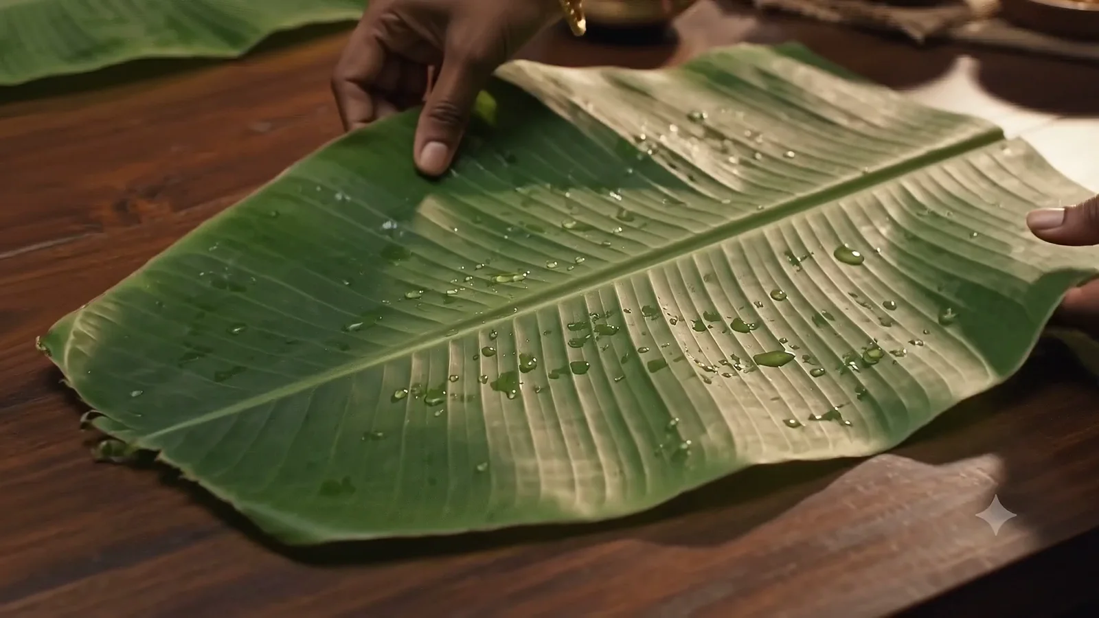 Fresh banana leaves being set for a Kerala feast
