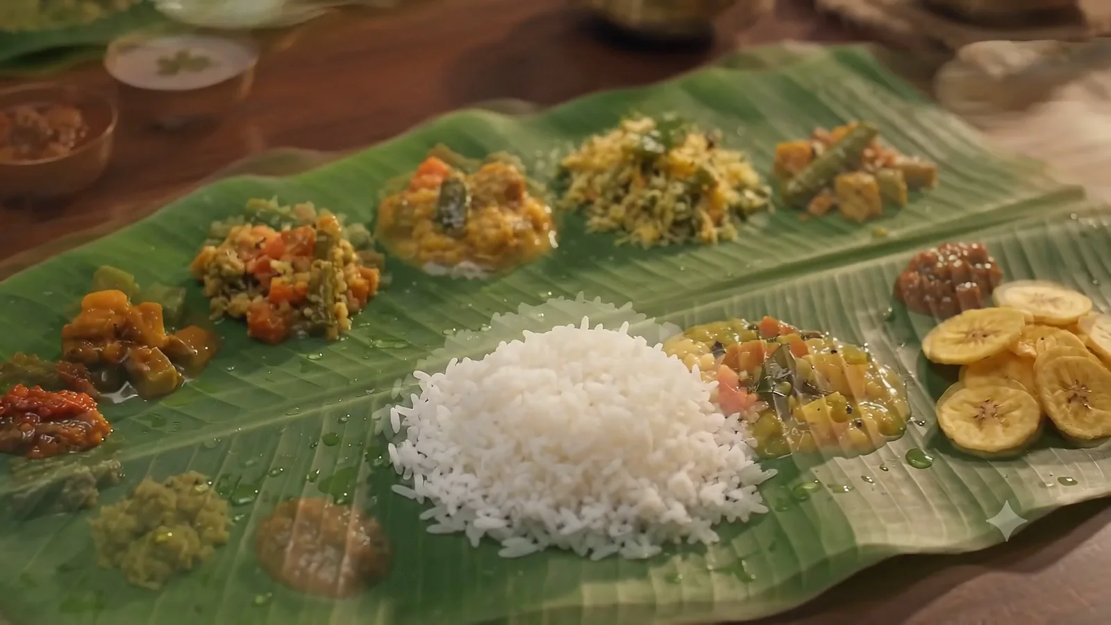 A generous sadya arranged on a banana leaf