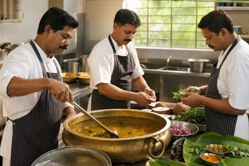 Catering cooks preparing a traditional curry together